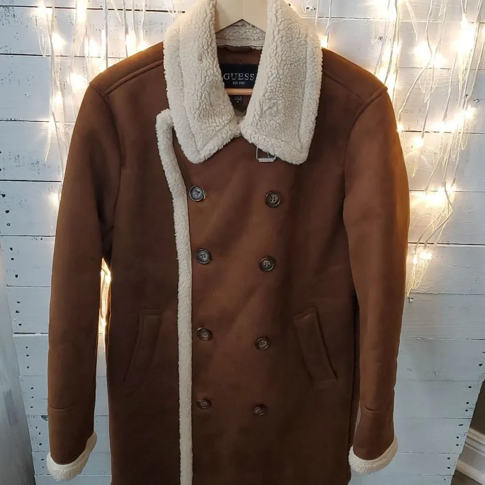 GUESS MENS FAUX-SHEARLING COGNAC OVERCOAT SIZE M NWOT-NEW WITHOUT TAGS - Picture 14 of 14